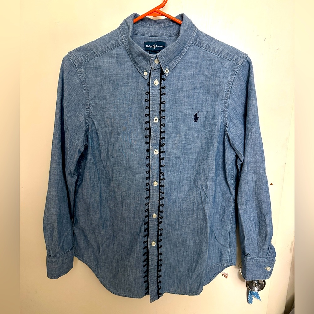 Ralph Lauren Women Denim Button Down Shirt W/ Embroidery Around Buttons. See Pic